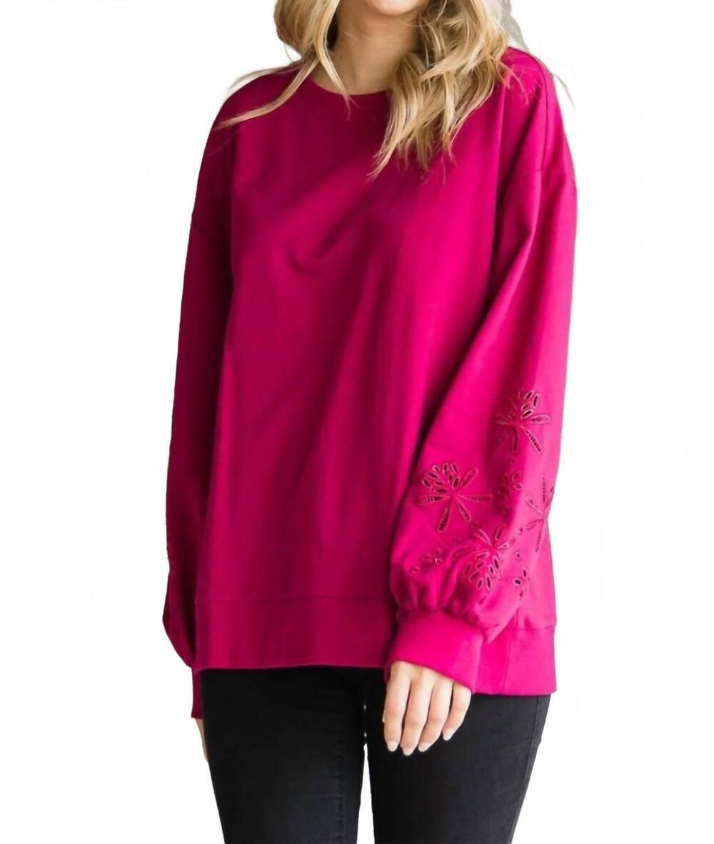 NEW COTTON BLEU embroidery sleeve cotton terry pullover top in berry